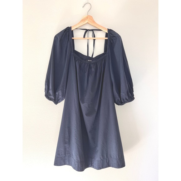 Madewell Dresses & Skirts - Madewell Puff Sleeve Tie Back Mini Dress Navy NS986 Cotton Viscose Size 10